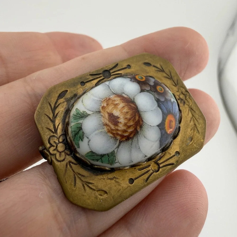 Vintage Antique Brass Porcelain Flower Brooch Pin Hand Painted Victorian Style